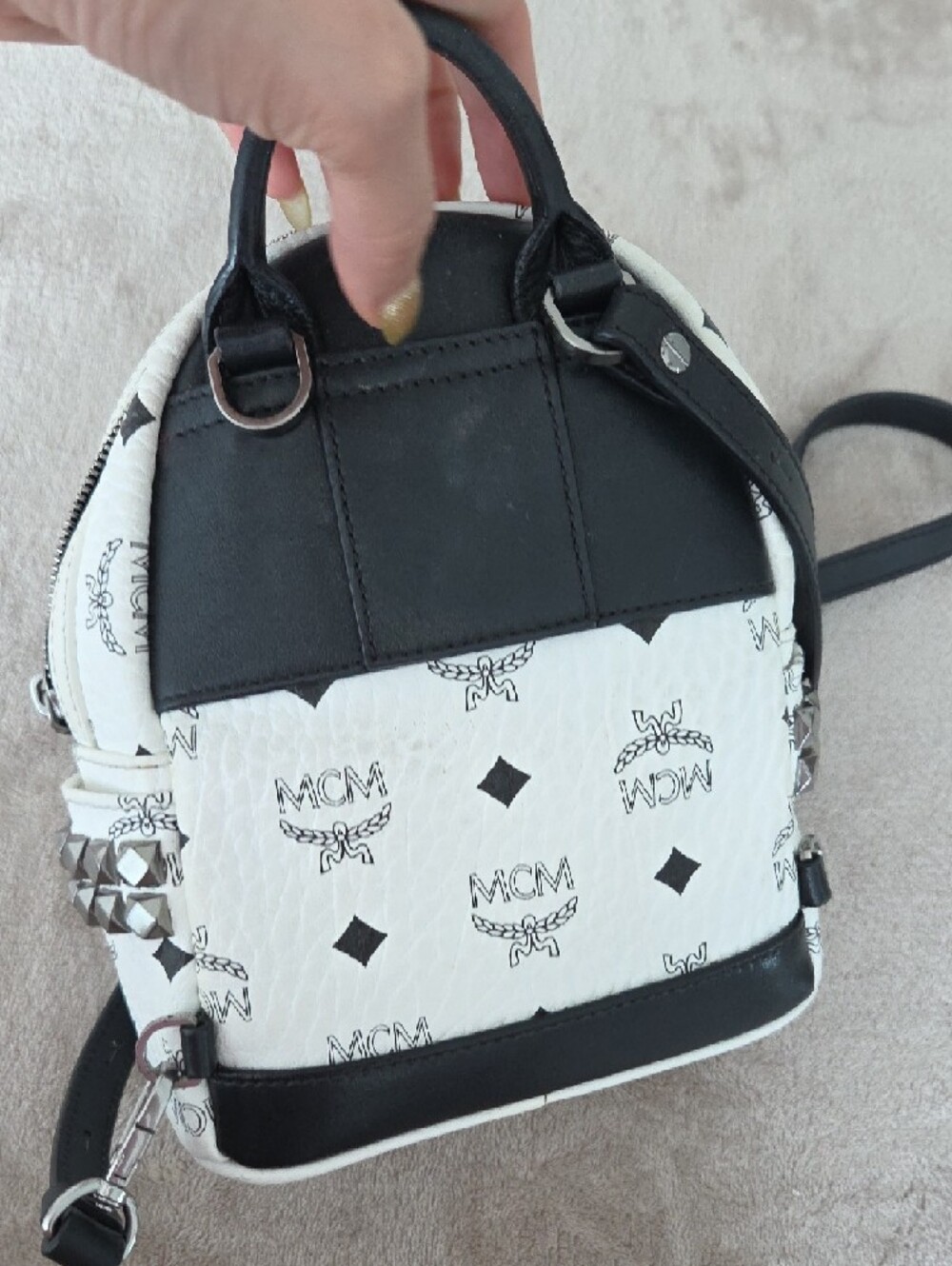 MCM White Mini Logo Backpack with Black Accents - Picture 4 of 7